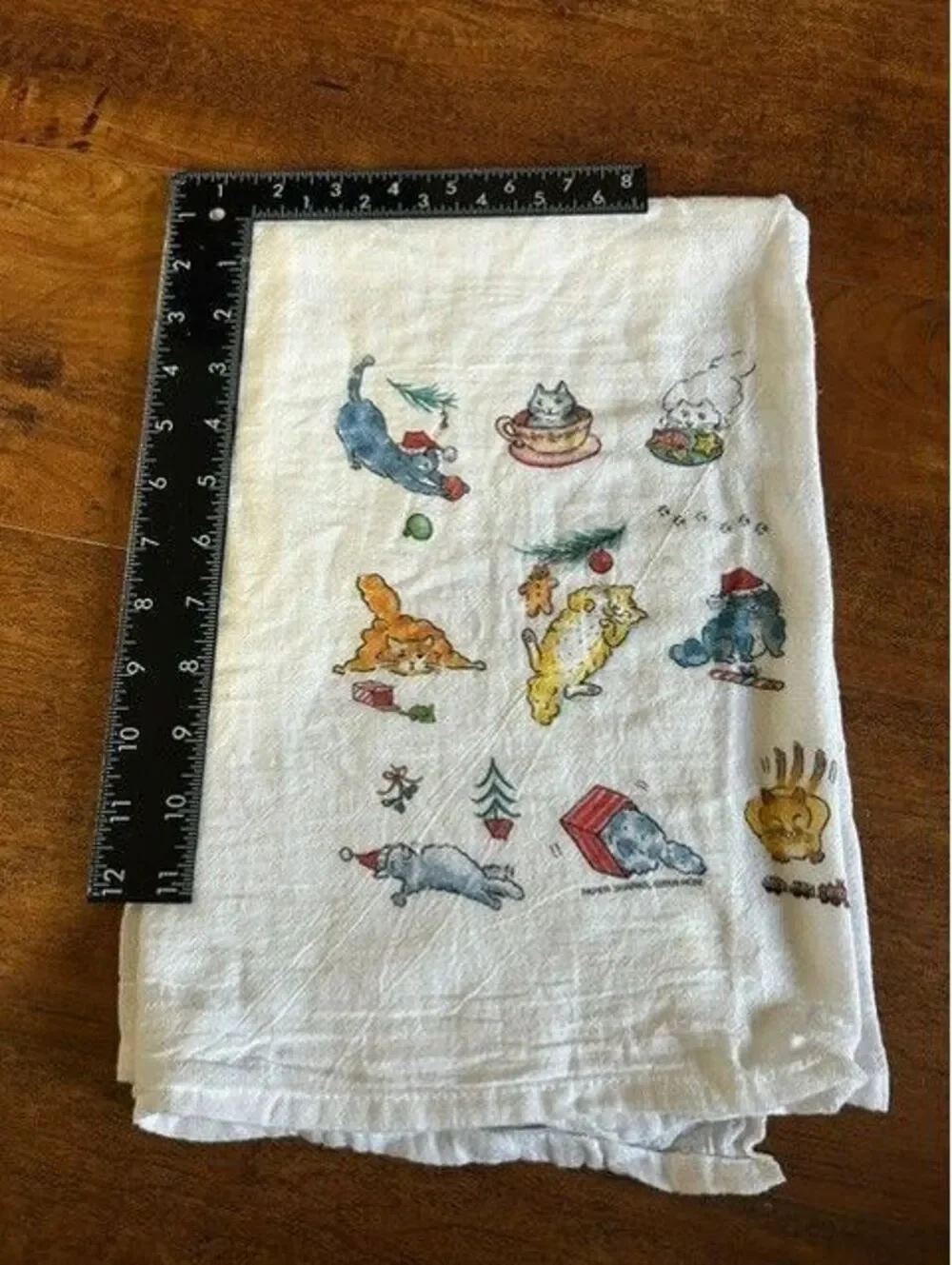 White Kitchen Towel with Cute Cat Christmas Print